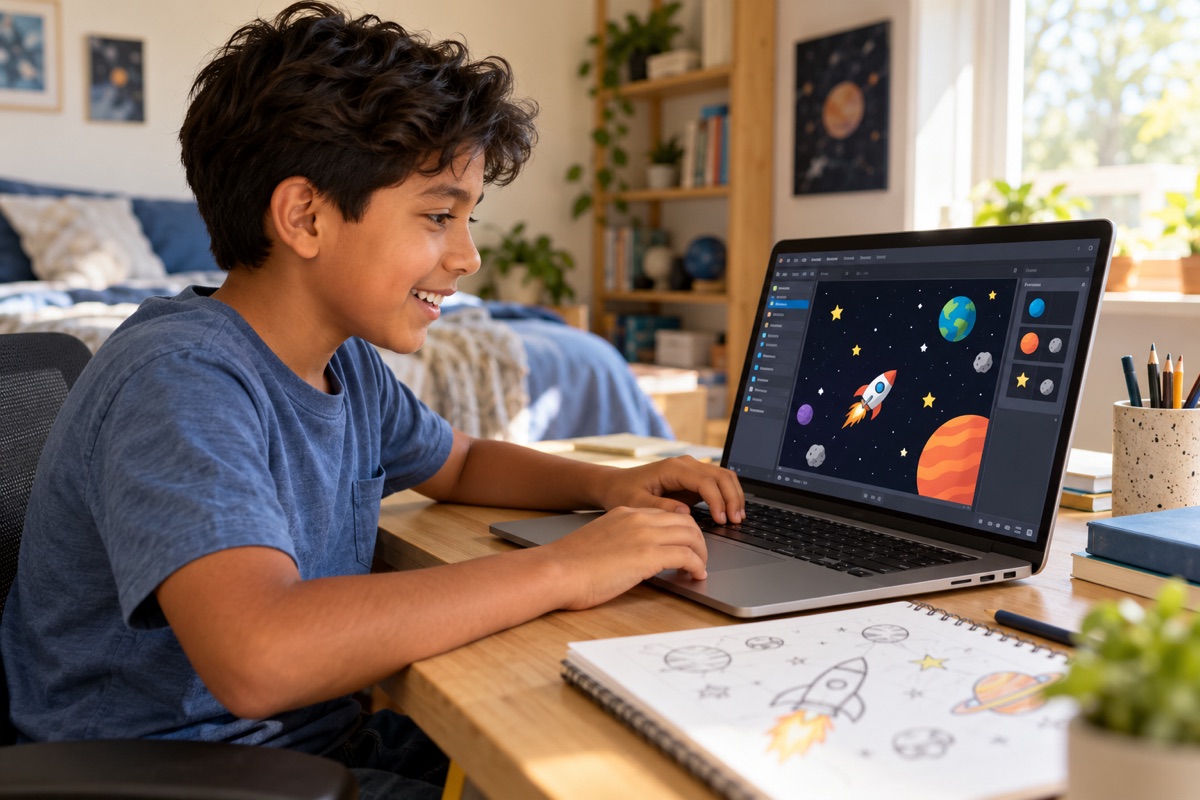 Imagen ilustrativa generada con IA: un niño diseña un pequeño juego espacial en su computador
